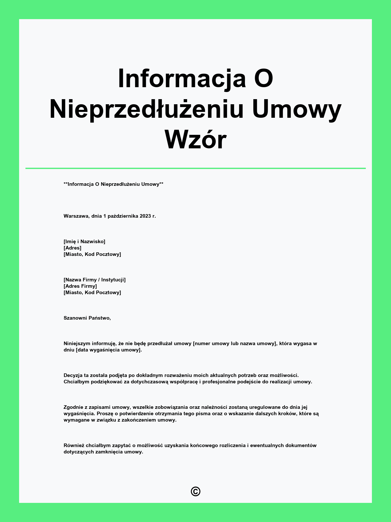 Informacja O Nieprzedłużeniu Umowy Wzór