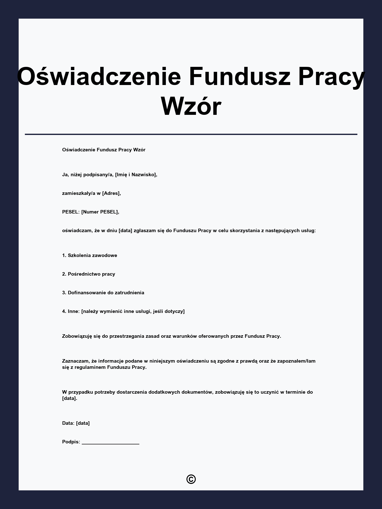 Oświadczenie Fundusz Pracy Wzór