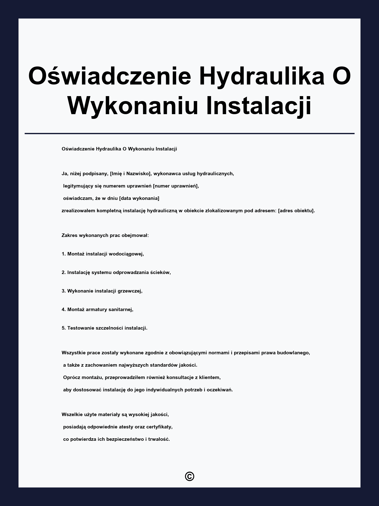 Oświadczenie Hydraulika O Wykonaniu Instalacji