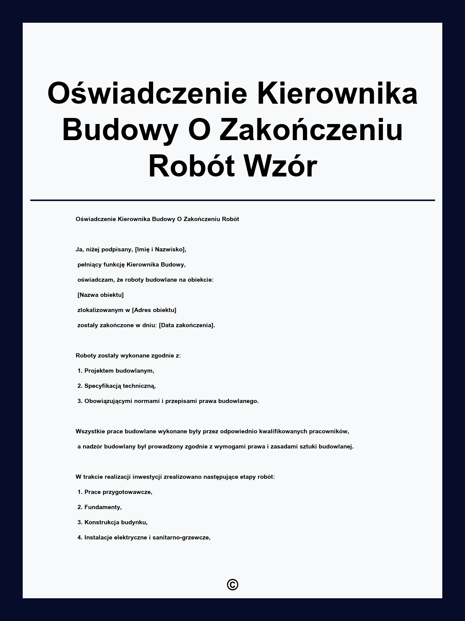 Oświadczenie Kierownika Budowy O Zakończeniu Robót Wzór