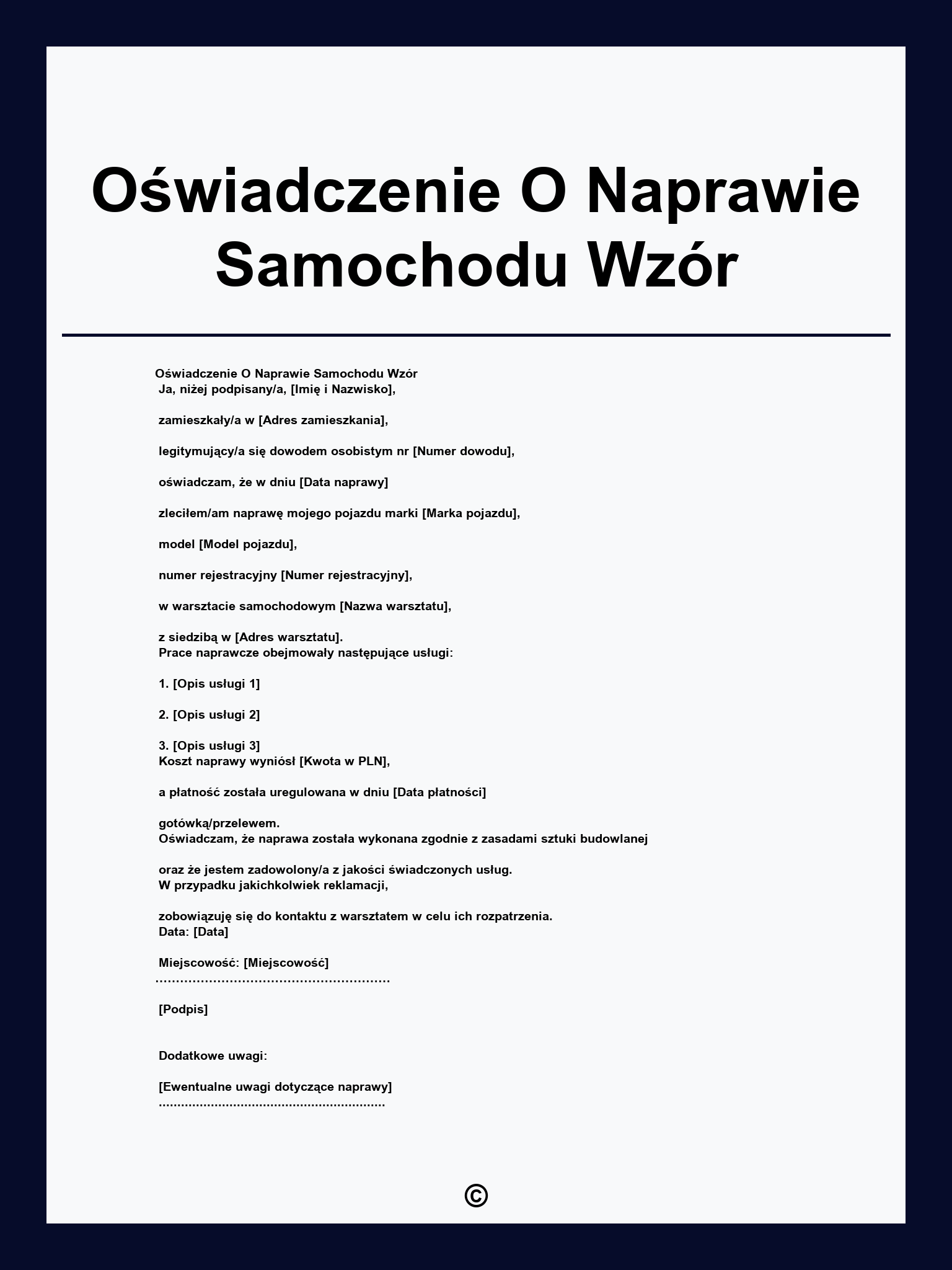 Oświadczenie O Naprawie Samochodu Wzór
