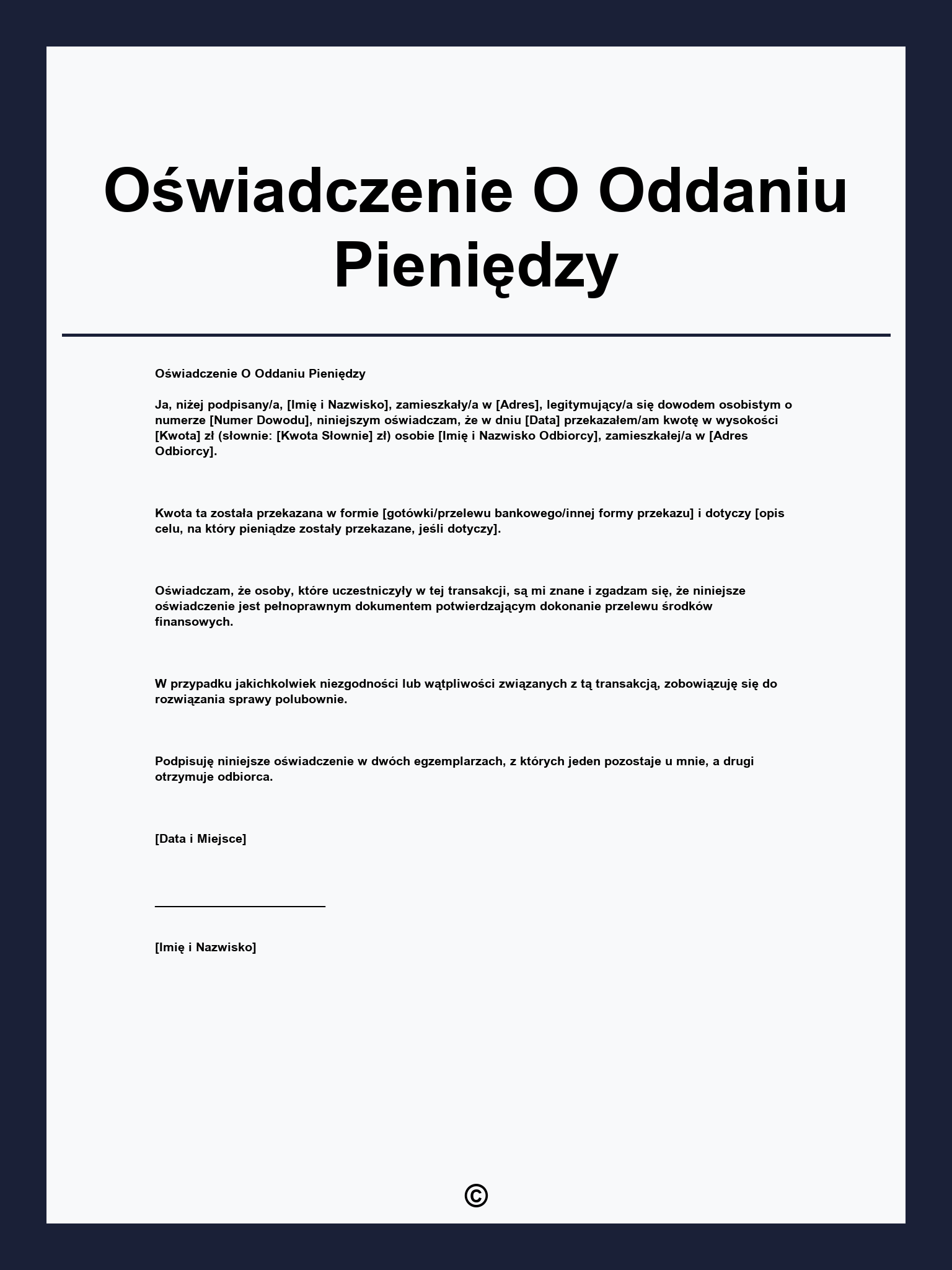 Oświadczenie O Oddaniu Pieniędzy
