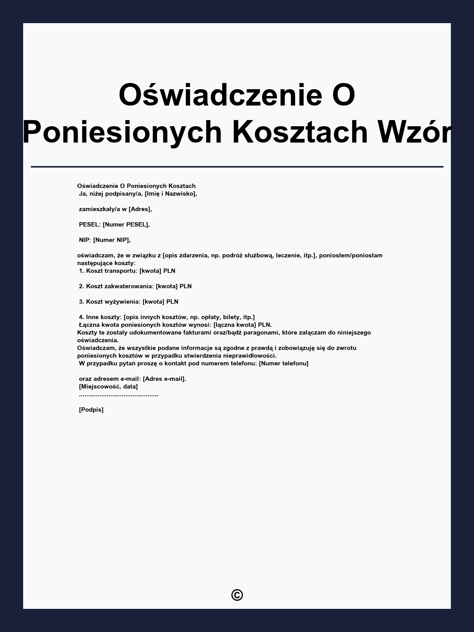 Oświadczenie O Poniesionych Kosztach Wzór