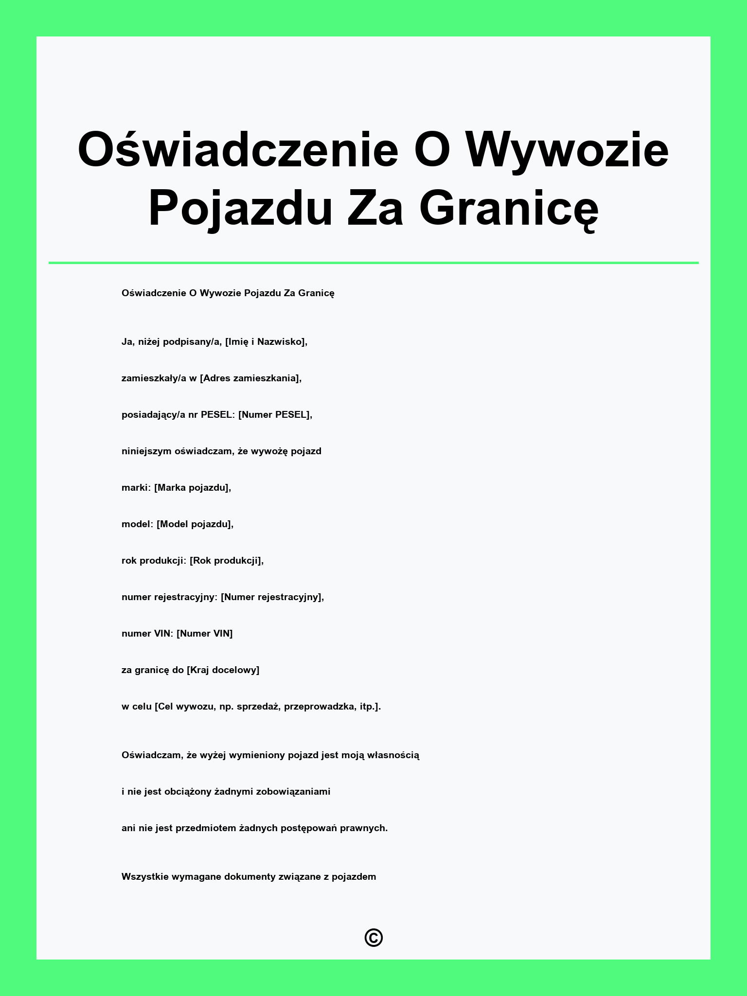 Oświadczenie O Wywozie Pojazdu Za Granicę