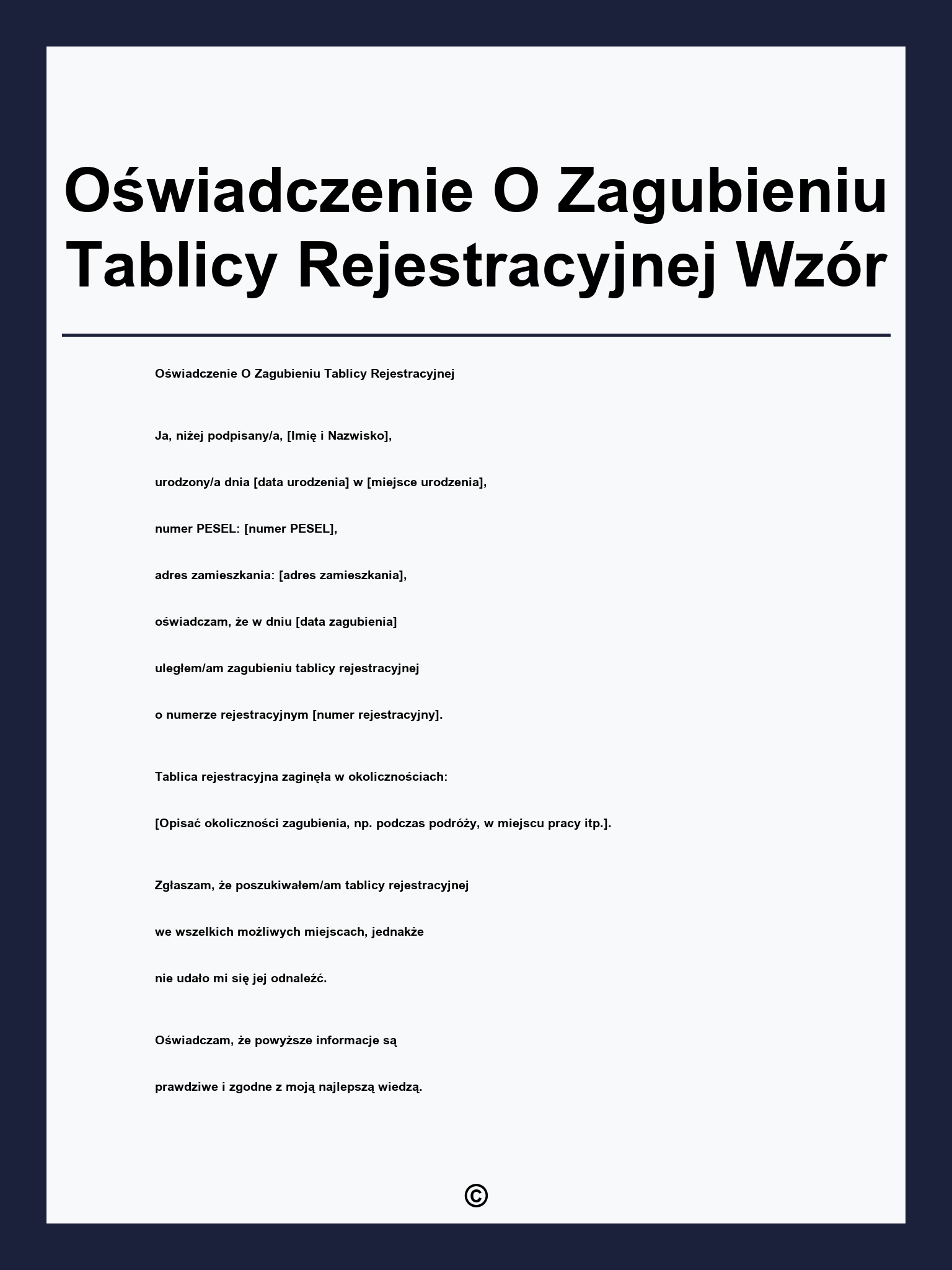 Oświadczenie O Zagubieniu Tablicy Rejestracyjnej Wzór