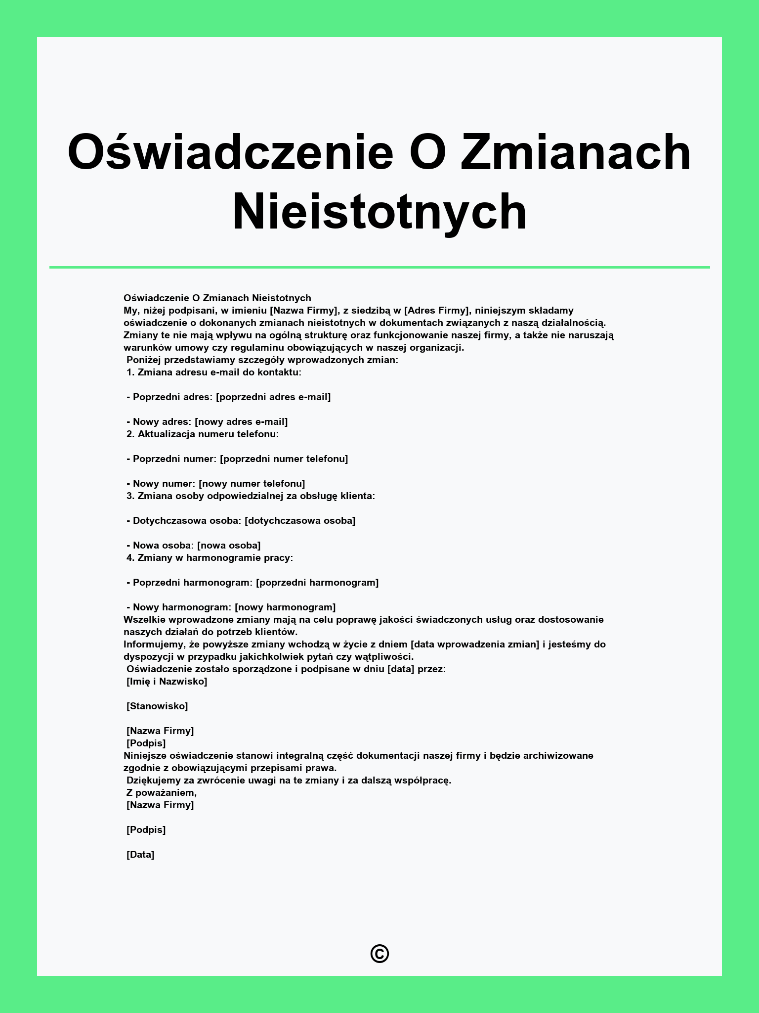 Oświadczenie O Zmianach Nieistotnych