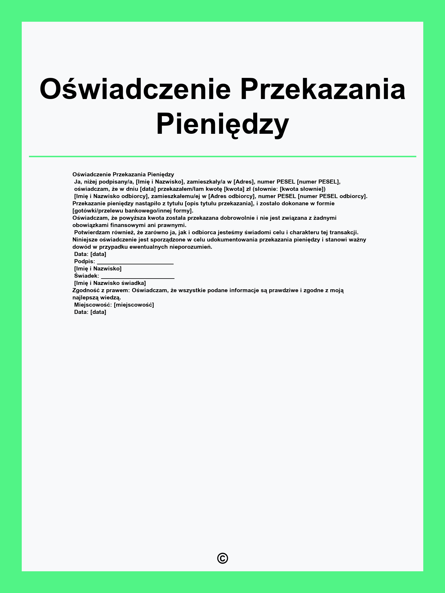 Oświadczenie Przekazania Pieniędzy