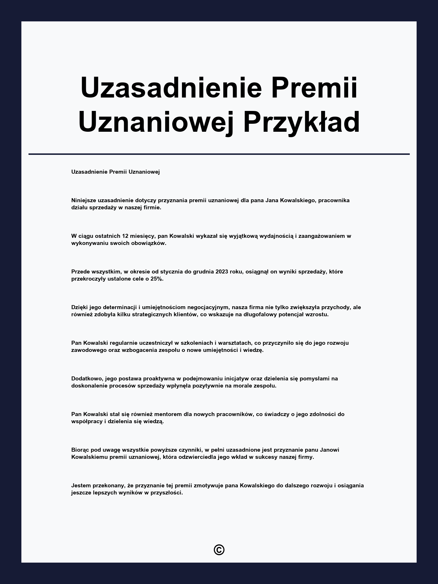 Uzasadnienie Premii Uznaniowej Przykład