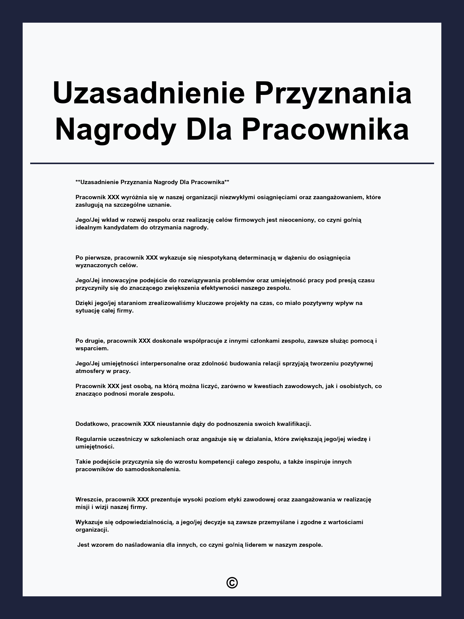 Uzasadnienie Przyznania Nagrody Dla Pracownika