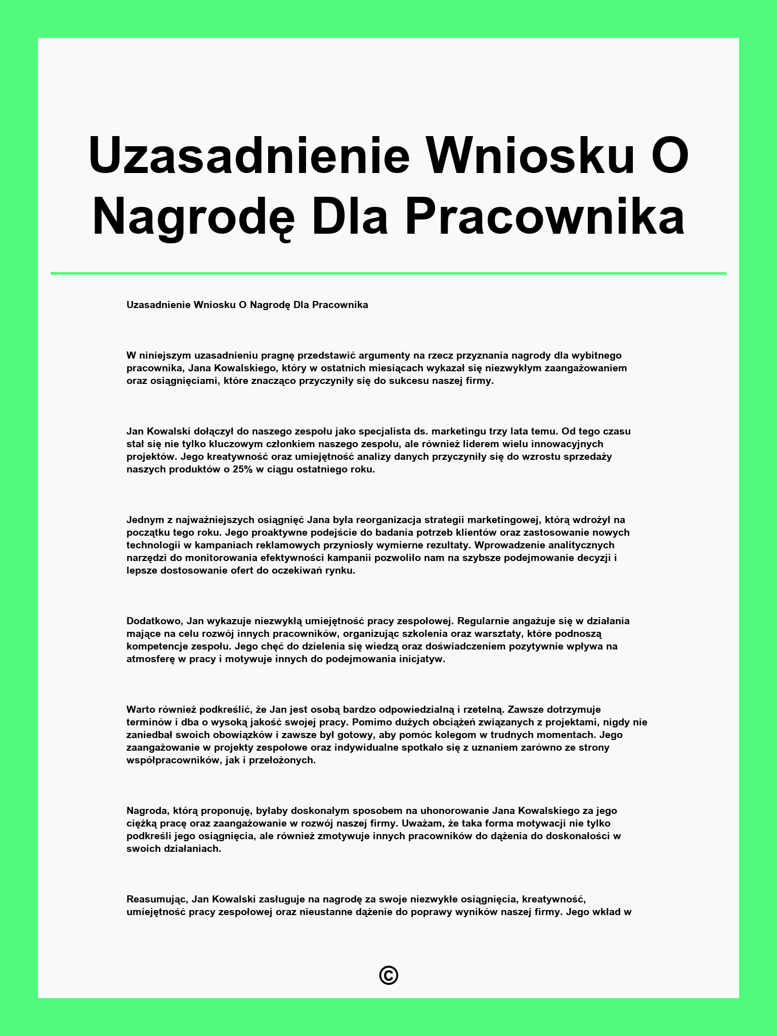 Uzasadnienie Wniosku O Nagrodę Dla Pracownika