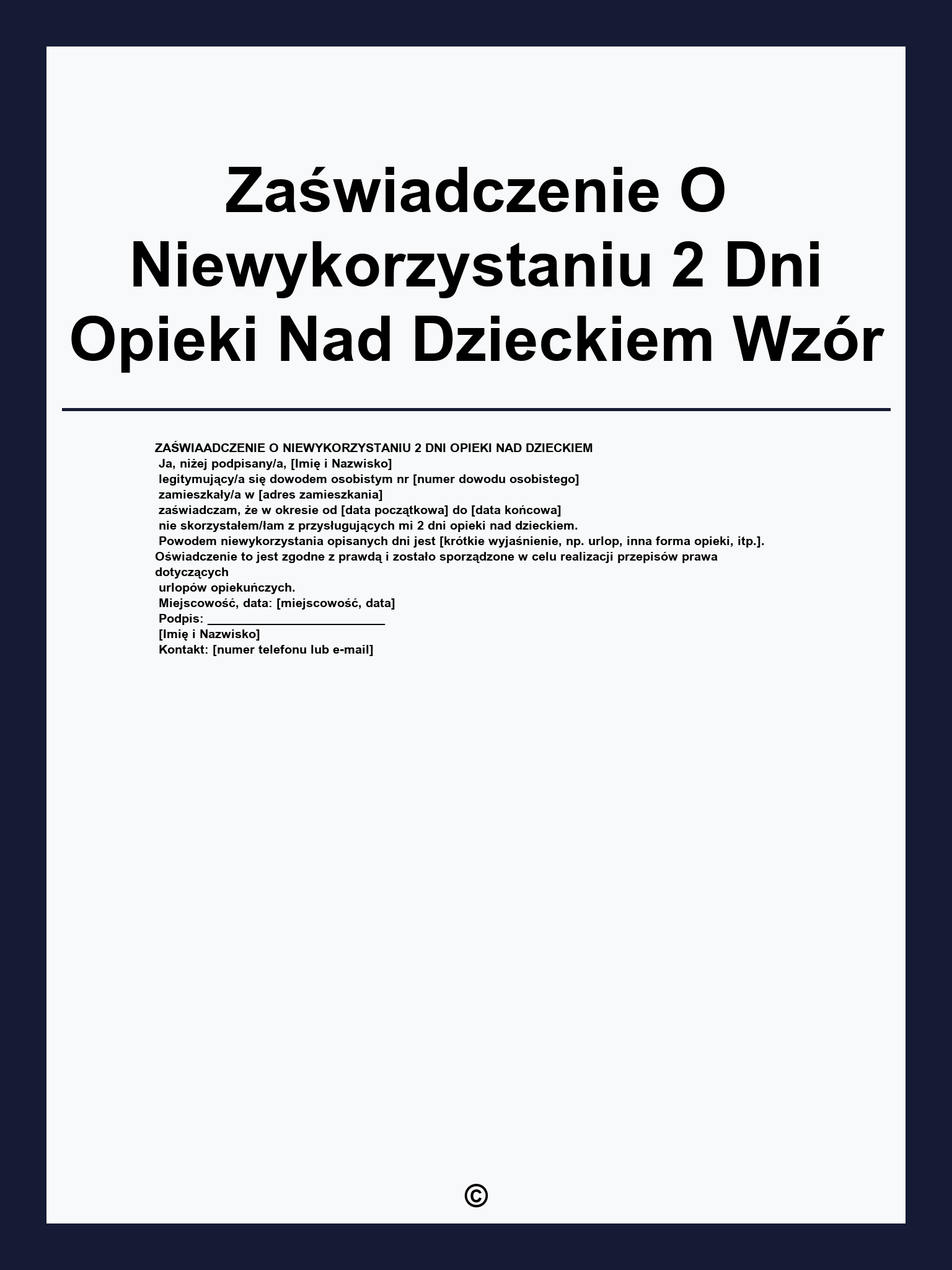 Zaświadczenie O Niewykorzystaniu 2 Dni Opieki Nad Dzieckiem Wzór