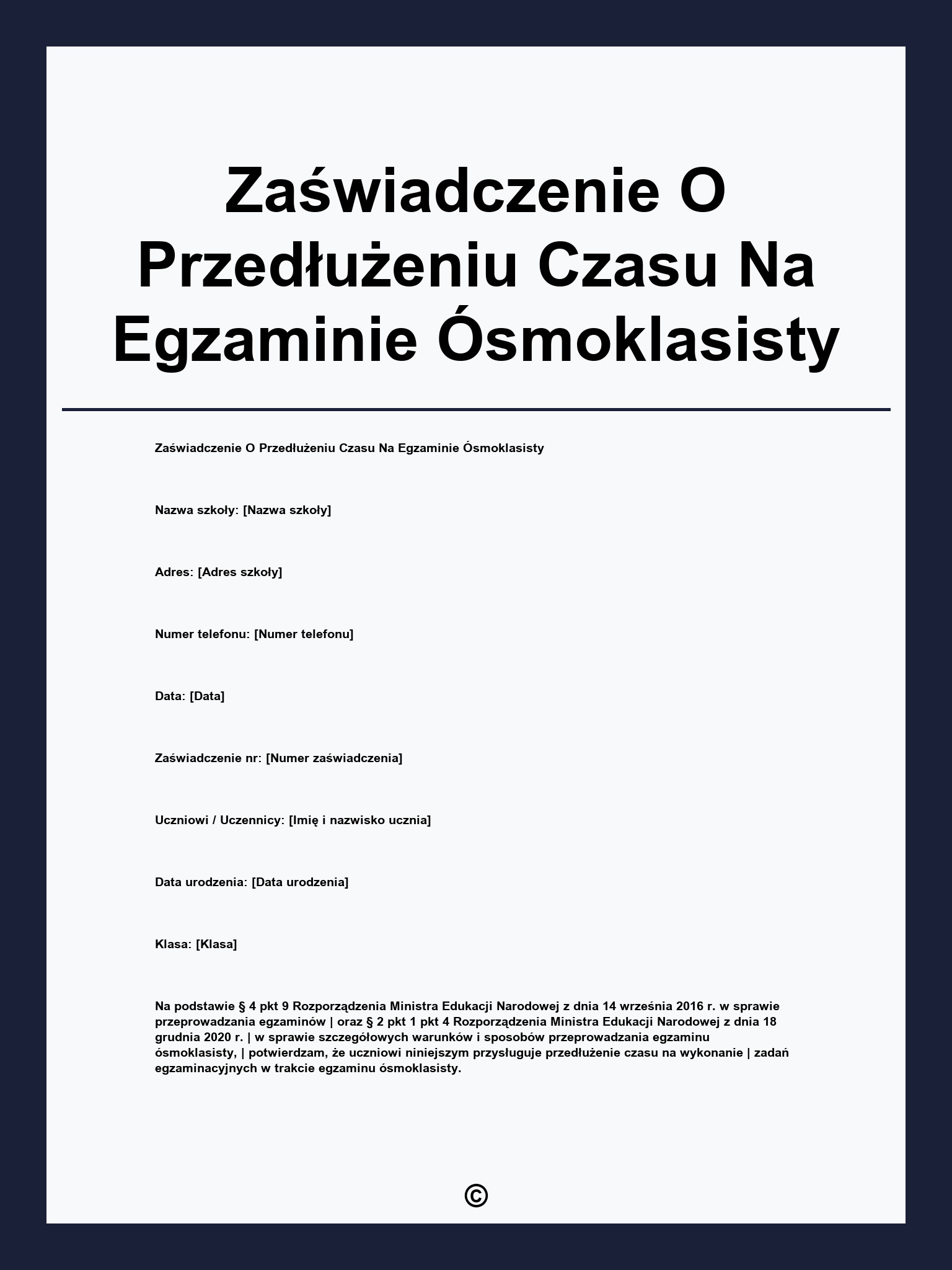 Zaświadczenie O Przedłużeniu Czasu Na Egzaminie Ósmoklasisty