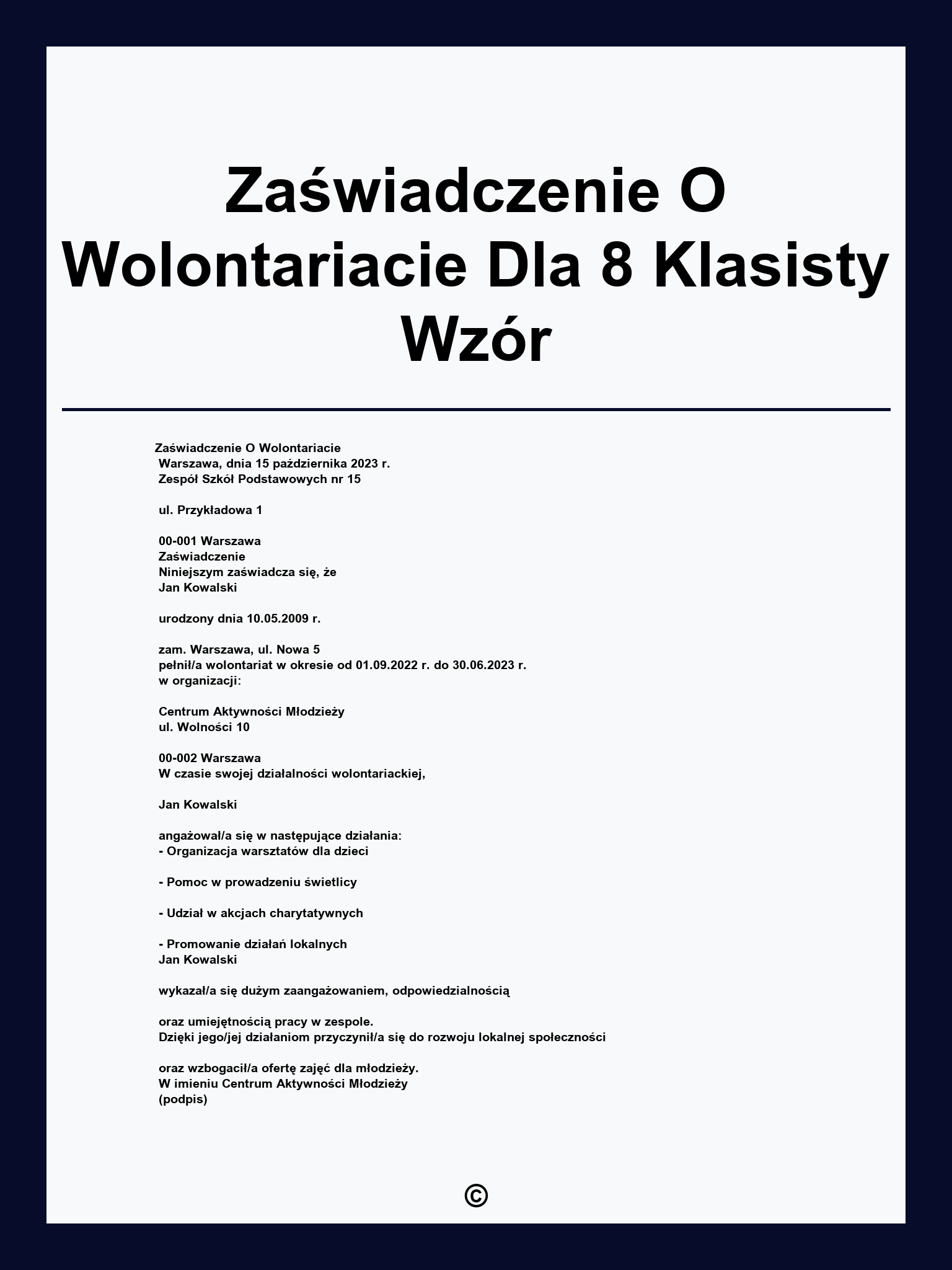 Zaświadczenie O Wolontariacie Dla 8 Klasisty Wzór