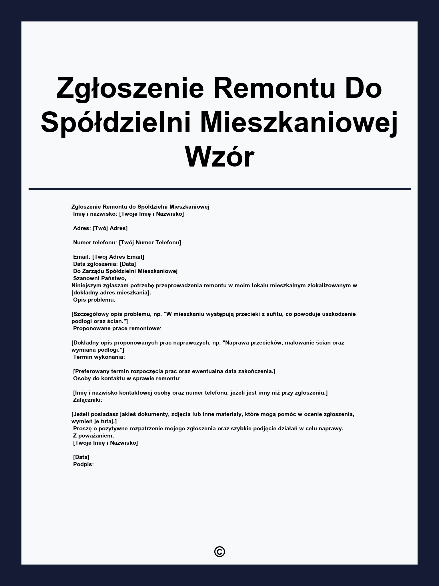 Zgłoszenie Remontu Do Spółdzielni Mieszkaniowej Wzór
